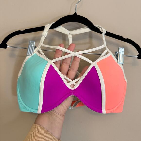 Victoria's Secret Pink Bikini Swim Top S D-DD Colorblock Strappy Beach Summer - Picture 3 of 7